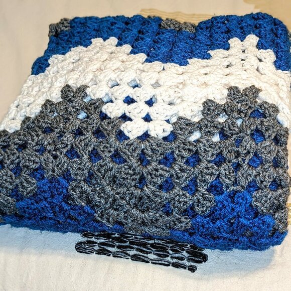 Chevron Crochet Afghan Blanket in Blue White & Grey - Picture 2 of 7